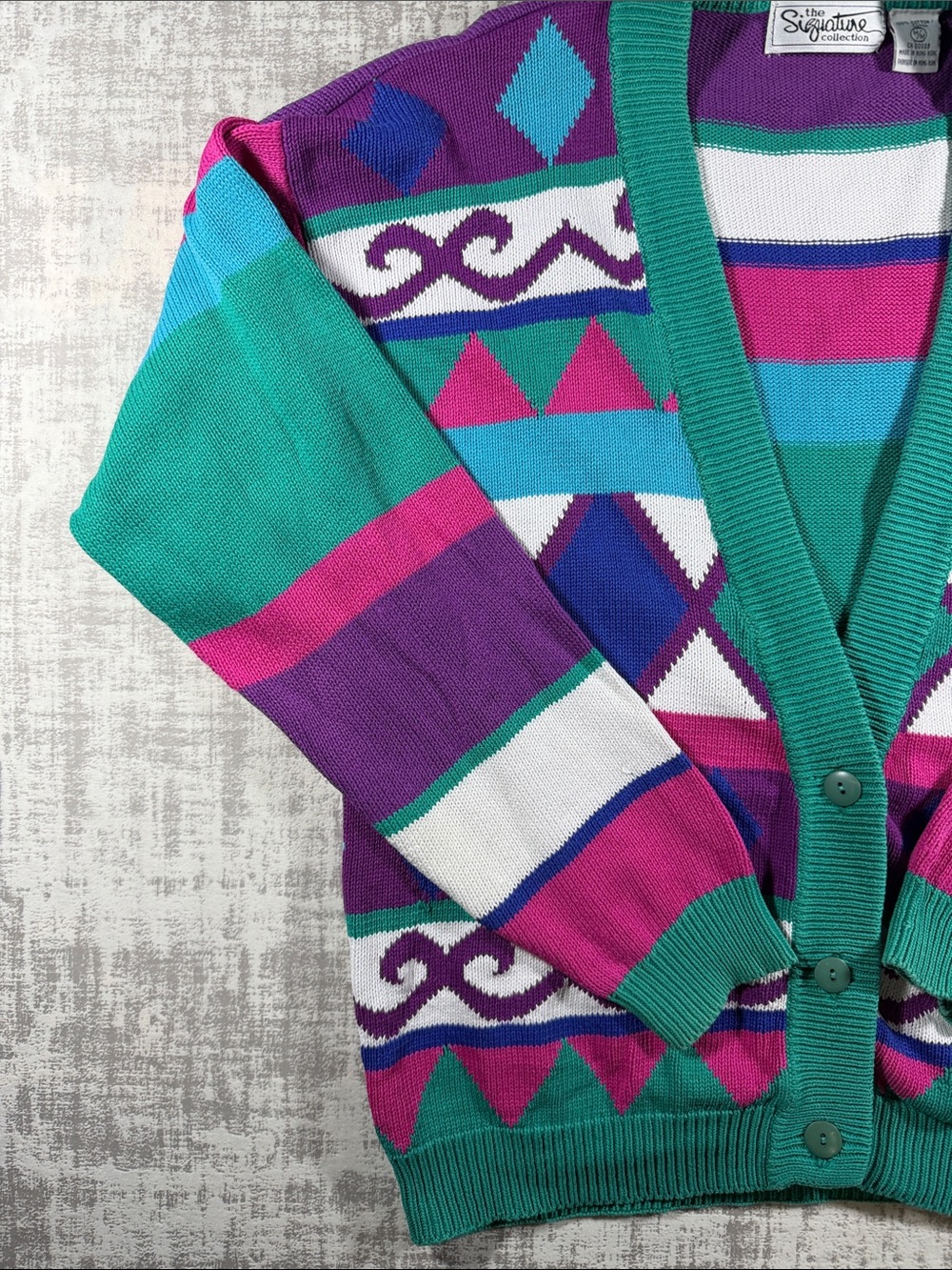 Signature Vintage  Teal, Purple & Pink Geometric Button-Up Cardigan sz M 24X20.5 - Picture 6 of 14